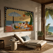Striped Shade Covers the Picnic - Coastal Table beneath Umbrella painting by Claire Whitmore, modern coastal horizontal wall art – styled room scene view 5