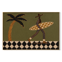 Board and Wheels Keep Moving - Skating Surfer on Checkered Walk painting by Claire Whitmore, modern coastal horizontal wall art – wood frame on white background