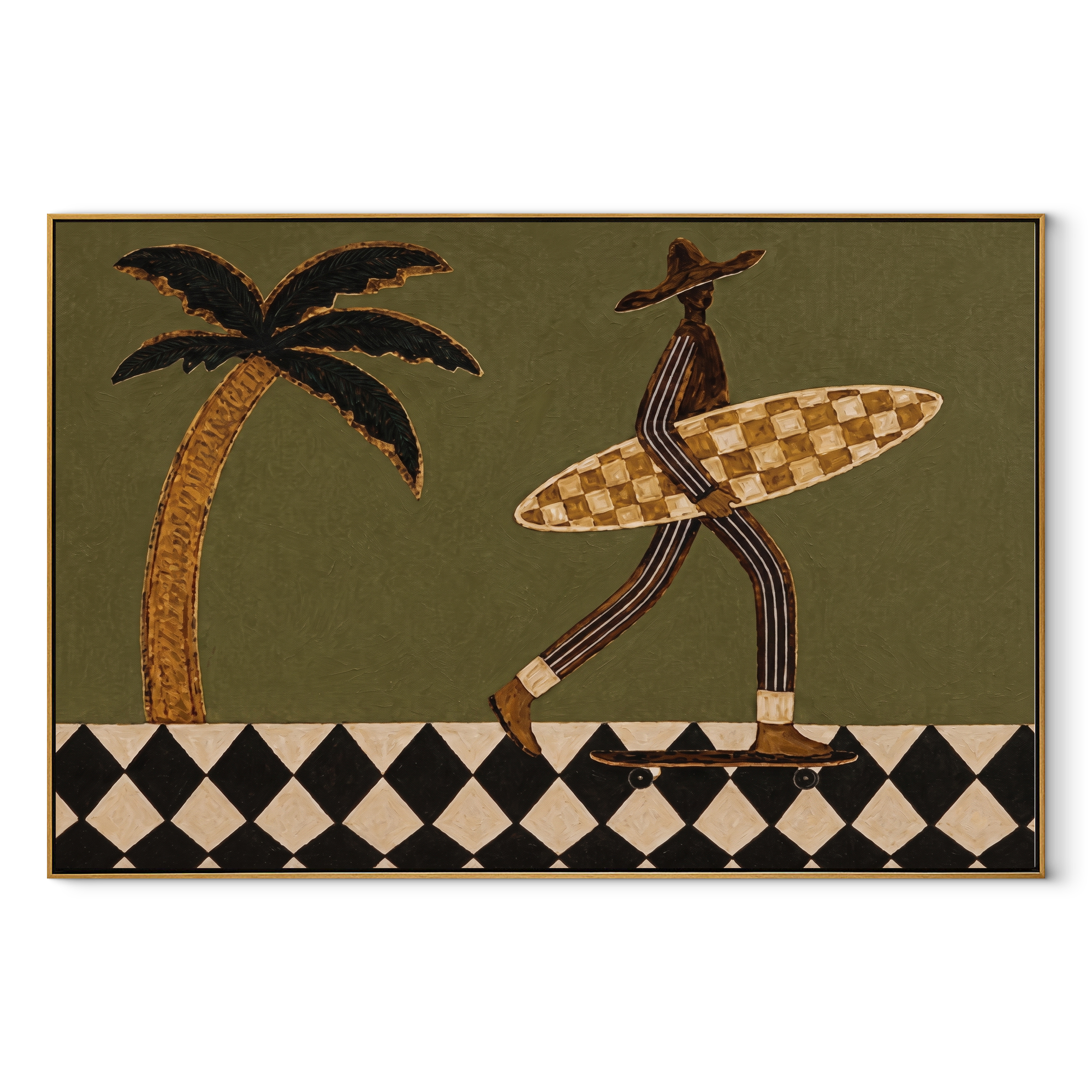 Board and Wheels Keep Moving - Skating Surfer on Checkered Walk painting by Claire Whitmore, modern coastal horizontal wall art – wood frame on white background