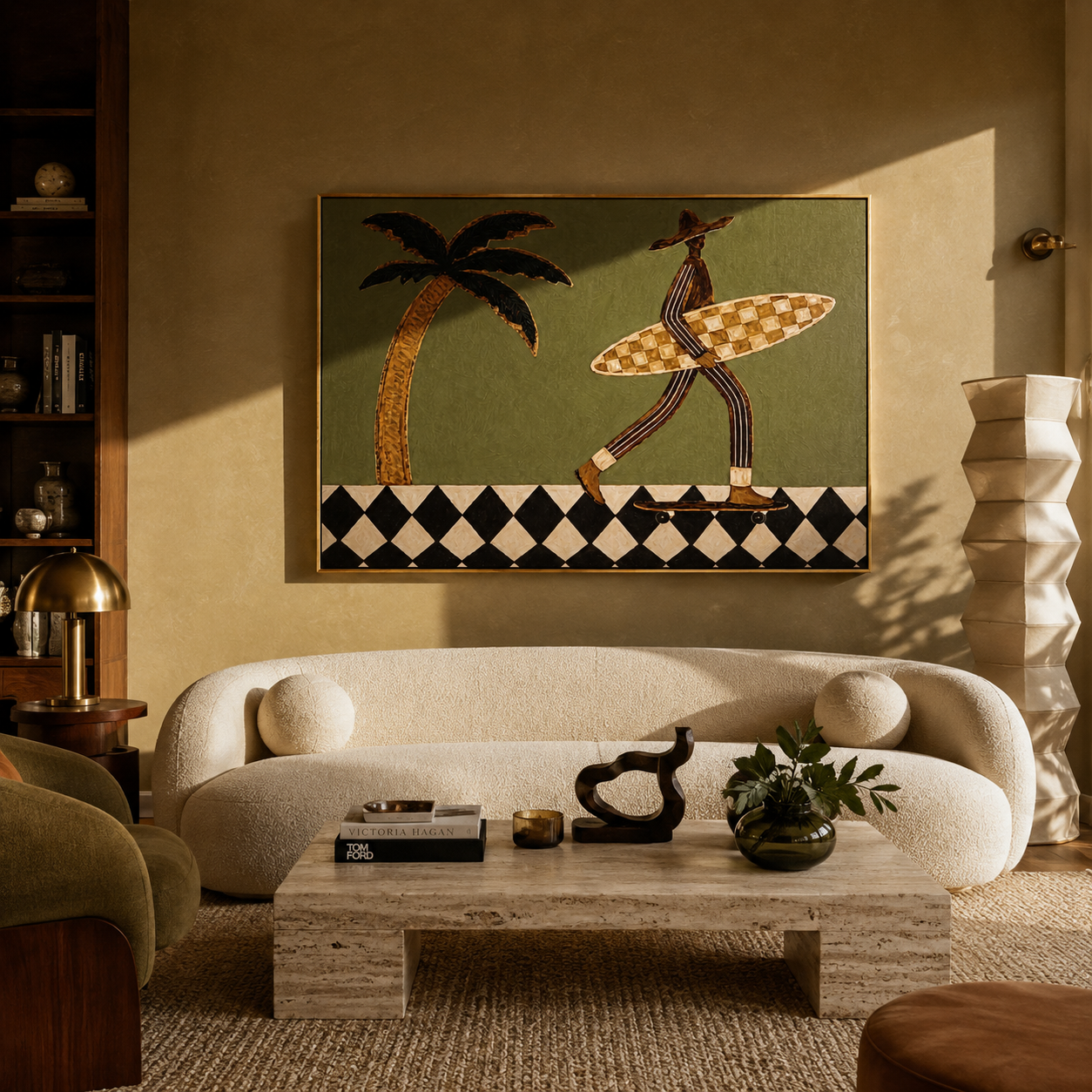 Board and Wheels Keep Moving - Skating Surfer on Checkered Walk painting by Claire Whitmore, modern coastal horizontal wall art – styled room scene view 3