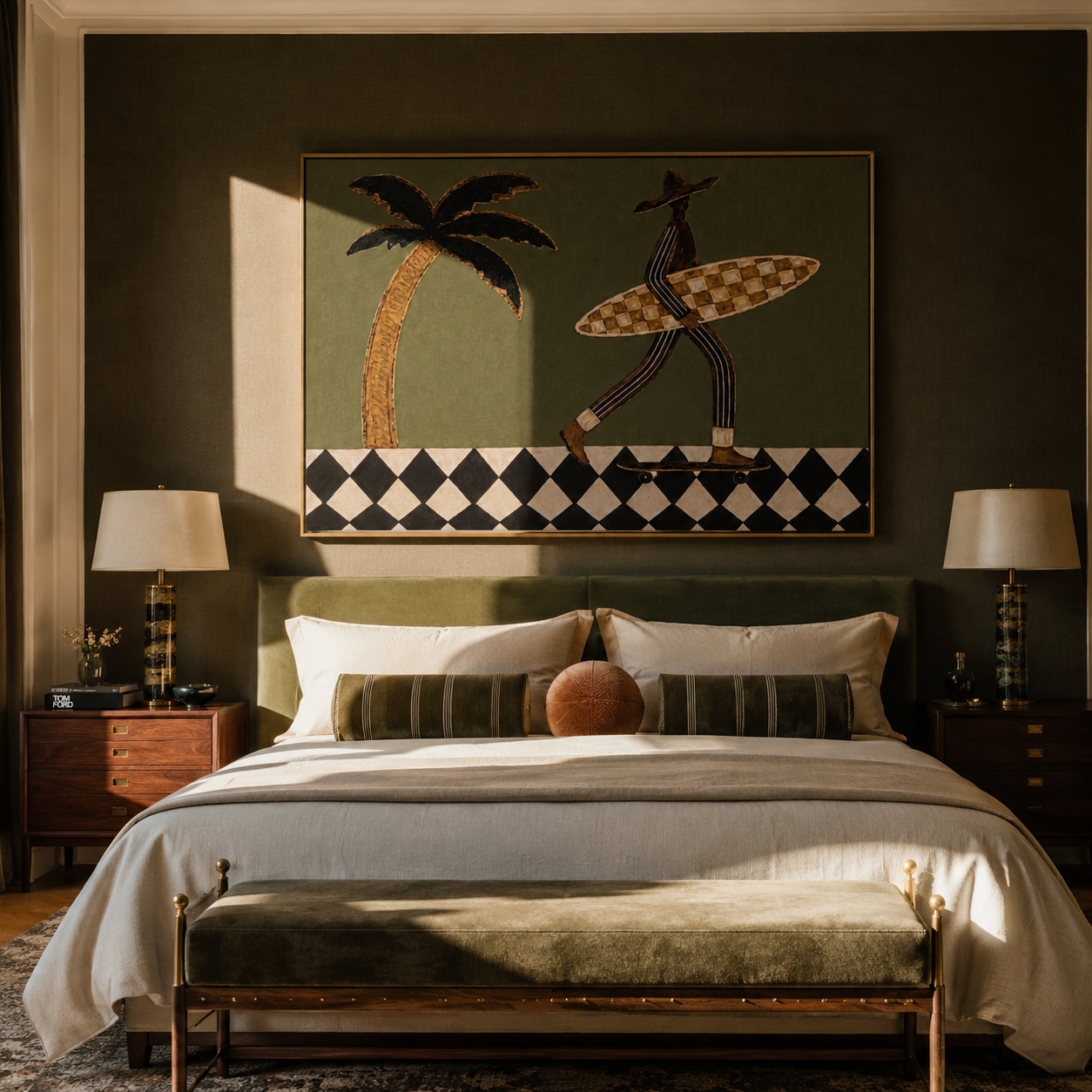 Board and Wheels Keep Moving - Skating Surfer on Checkered Walk painting by Claire Whitmore, modern coastal horizontal wall art – styled room scene view 5