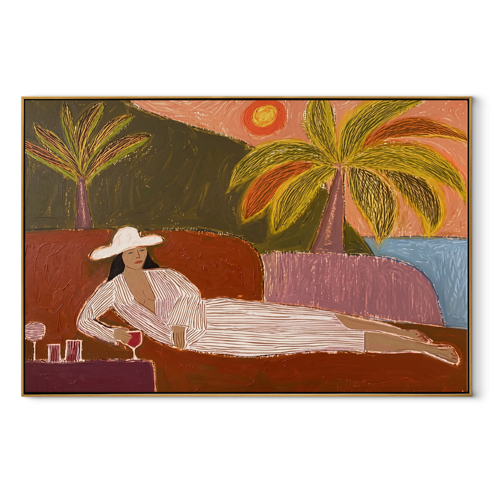 Coral Sunset Lengthens the Lounge - Reclining Woman beneath Palms painting by Claire Whitmore, modern coastal horizontal wall art – wood frame on white background