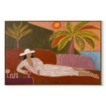 Coral Sunset Lengthens the Lounge - Reclining Woman beneath Palms painting by Claire Whitmore, modern coastal horizontal wall art – wood frame on white background