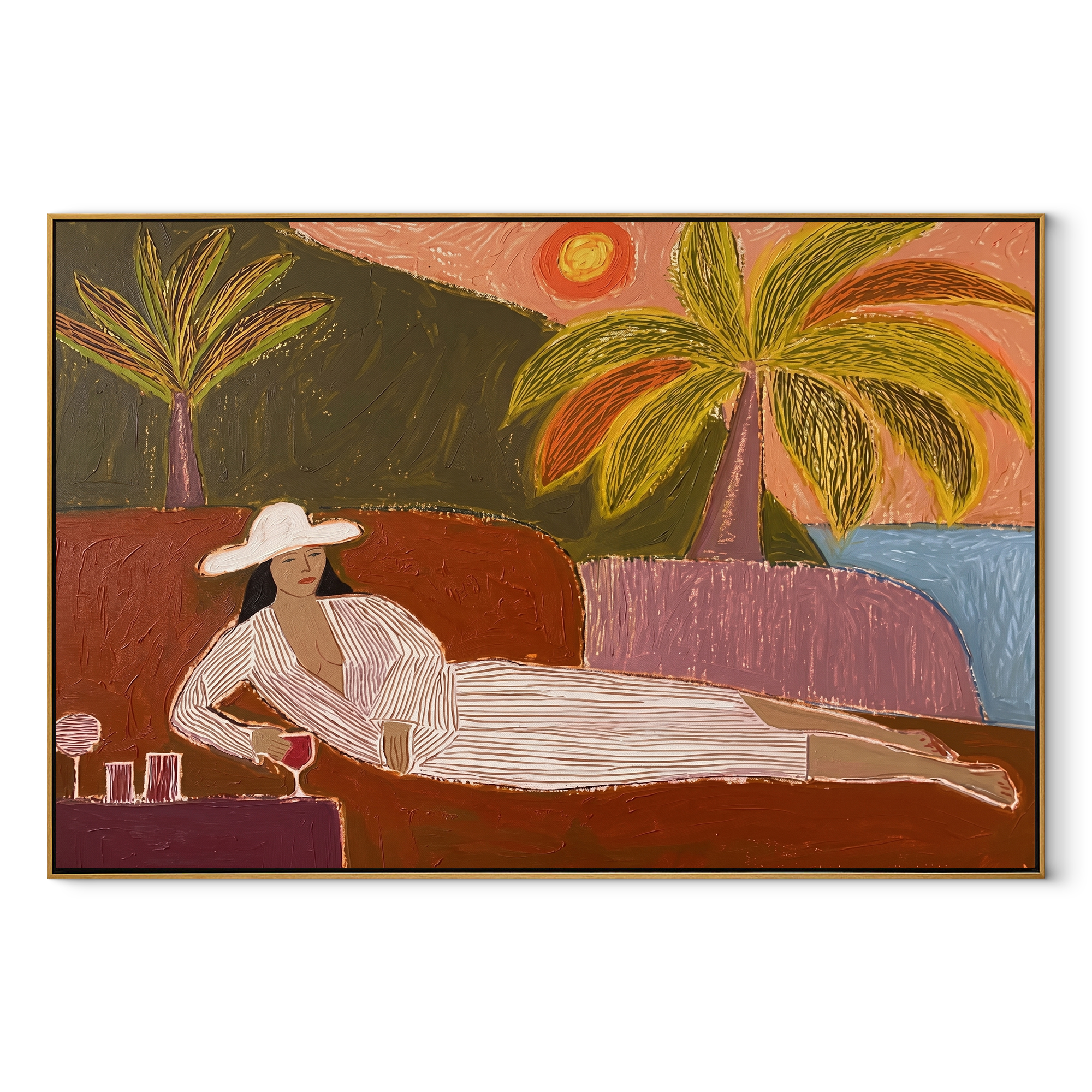Coral Sunset Lengthens the Lounge - Reclining Woman beneath Palms painting by Claire Whitmore, modern coastal horizontal wall art – wood frame on white background