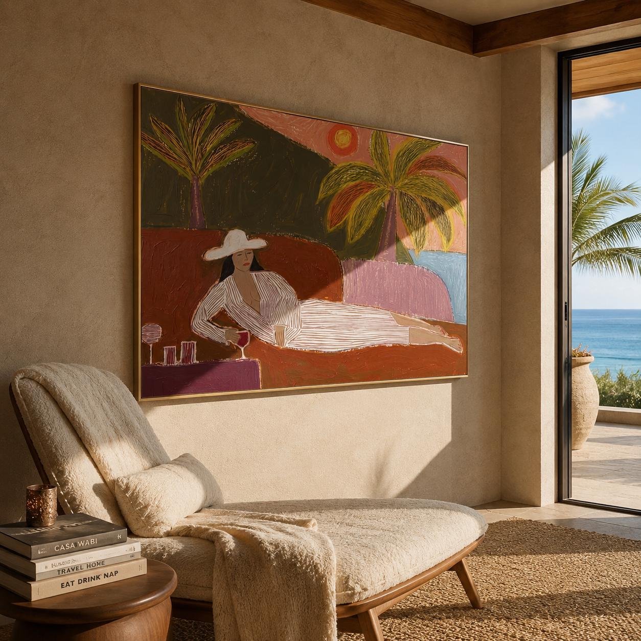 Coral Sunset Lengthens the Lounge - Reclining Woman beneath Palms painting by Claire Whitmore, modern coastal horizontal wall art – styled room scene view 2
