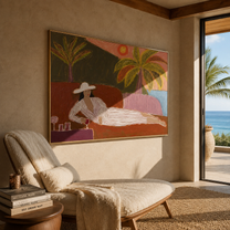 Coral Sunset Lengthens the Lounge - Reclining Woman beneath Palms painting by Claire Whitmore, modern coastal horizontal wall art – styled room scene view 2