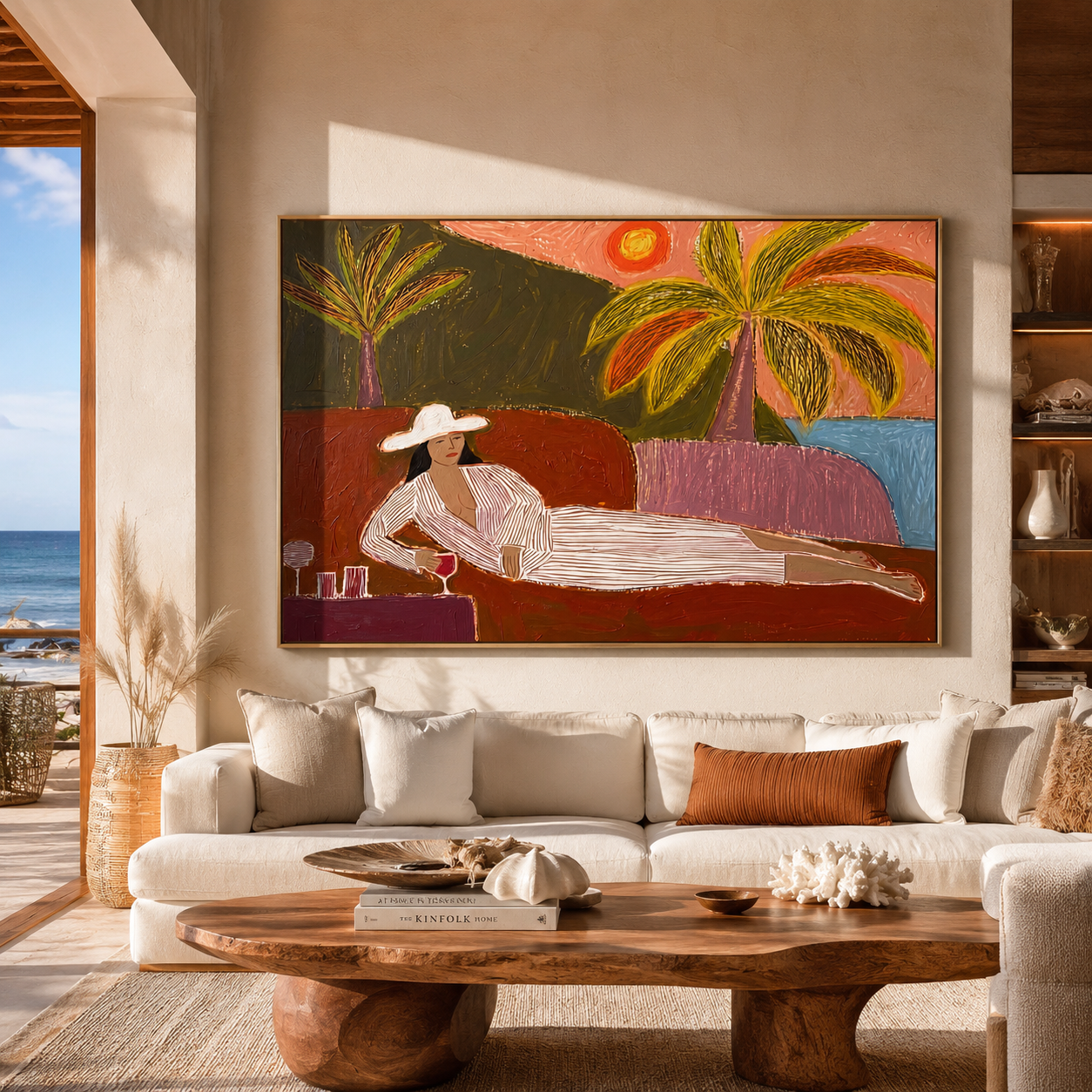 Coral Sunset Lengthens the Lounge - Reclining Woman beneath Palms painting by Claire Whitmore, modern coastal horizontal wall art – styled room scene view 3