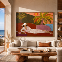 Coral Sunset Lengthens the Lounge - Reclining Woman beneath Palms painting by Claire Whitmore, modern coastal horizontal wall art – styled room scene view 3