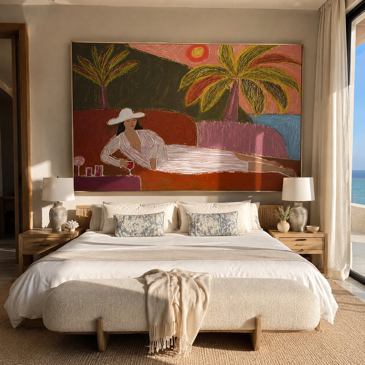 Coral Sunset Lengthens the Lounge - Reclining Woman beneath Palms painting by Claire Whitmore, modern coastal horizontal wall art – styled room scene view 4