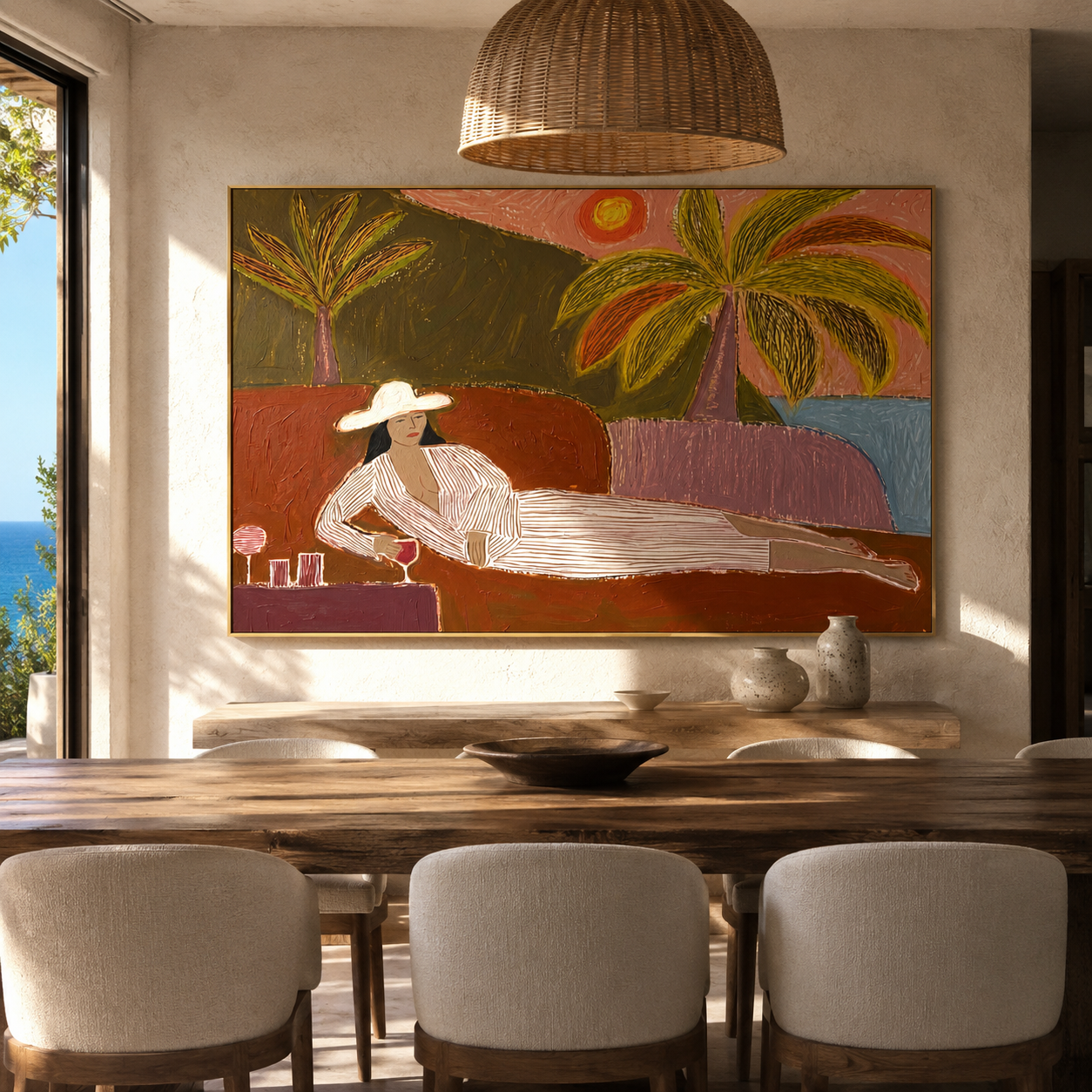 Coral Sunset Lengthens the Lounge - Reclining Woman beneath Palms painting by Claire Whitmore, modern coastal horizontal wall art – styled room scene view 5