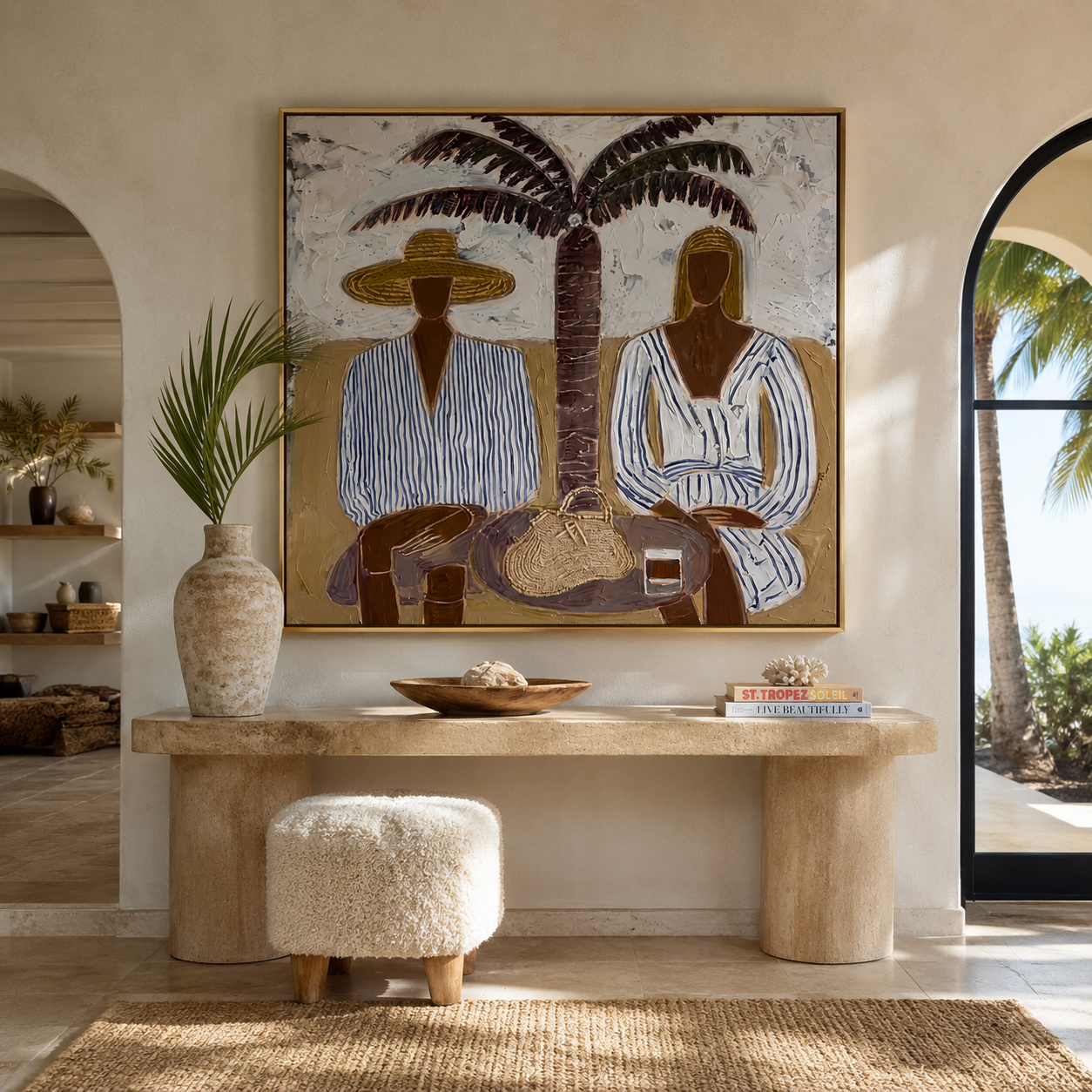 Twin Brims Gather beneath the Palm - Two Striped Resort Figures painting by Claire Whitmore, modern coastal square wall art – styled room scene view 1