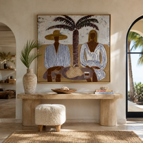 Twin Brims Gather beneath the Palm - Two Striped Resort Figures painting by Claire Whitmore, modern coastal square wall art – styled room scene view 1