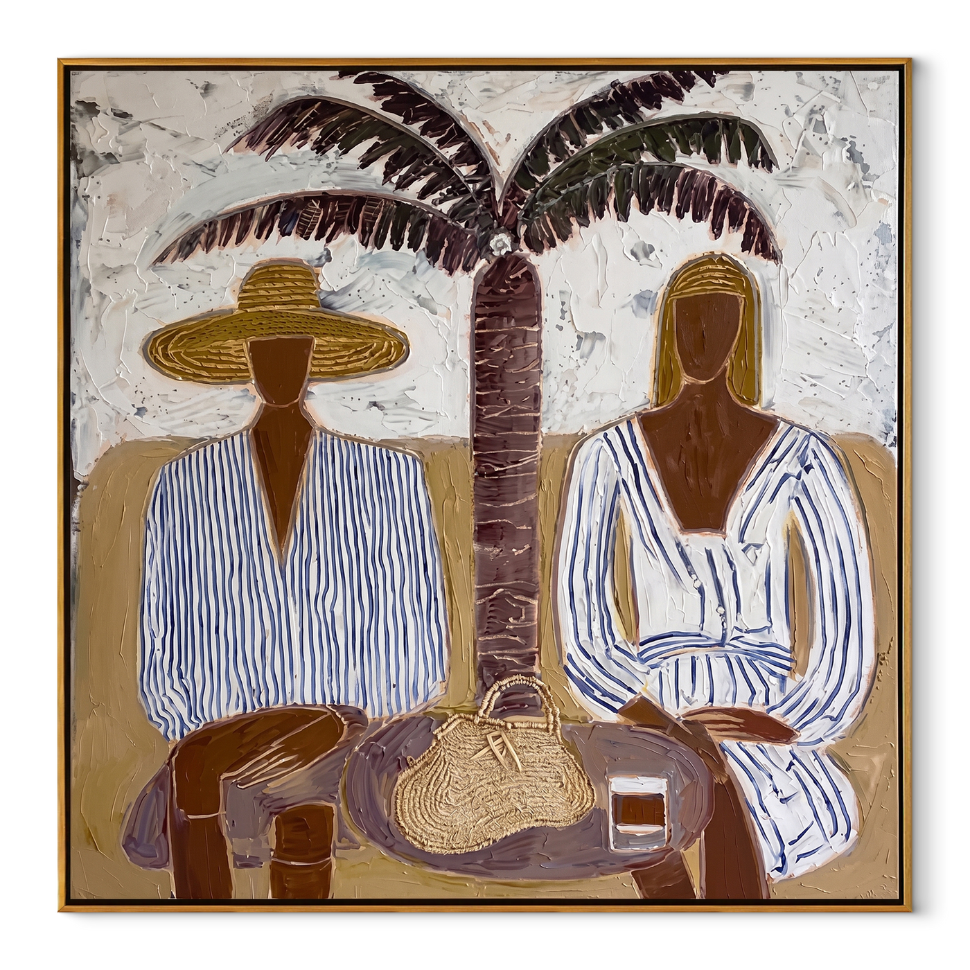 Twin Brims Gather beneath the Palm - Two Striped Resort Figures painting by Claire Whitmore, modern coastal square wall art – wood frame on white background