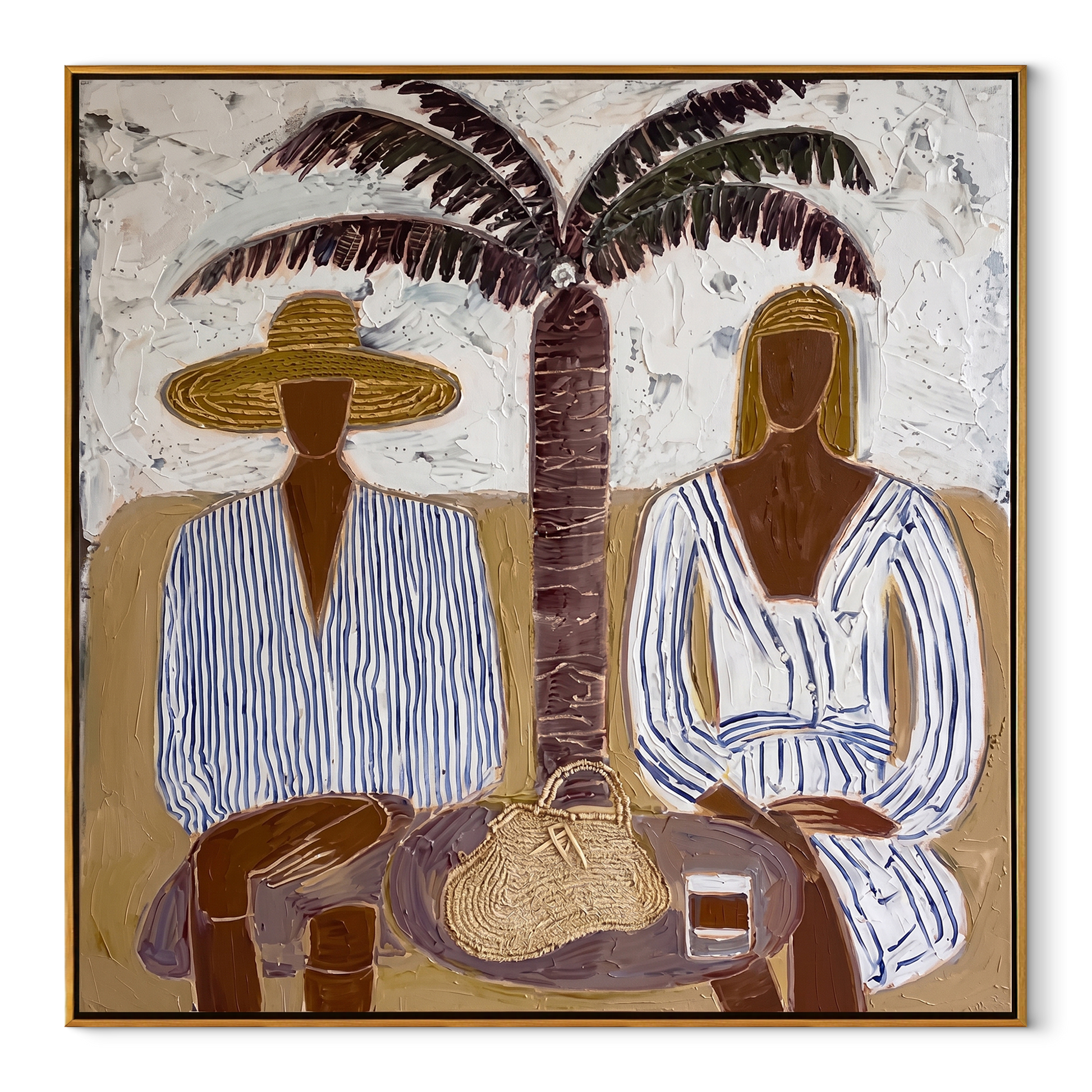 Twin Brims Gather beneath the Palm - Two Striped Resort Figures painting by Claire Whitmore, modern coastal square wall art – wood frame on white background