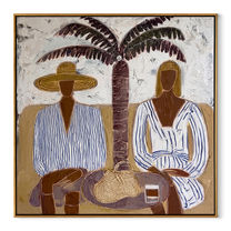 Twin Brims Gather beneath the Palm - Two Striped Resort Figures painting by Claire Whitmore, modern coastal square wall art – wood frame on white background