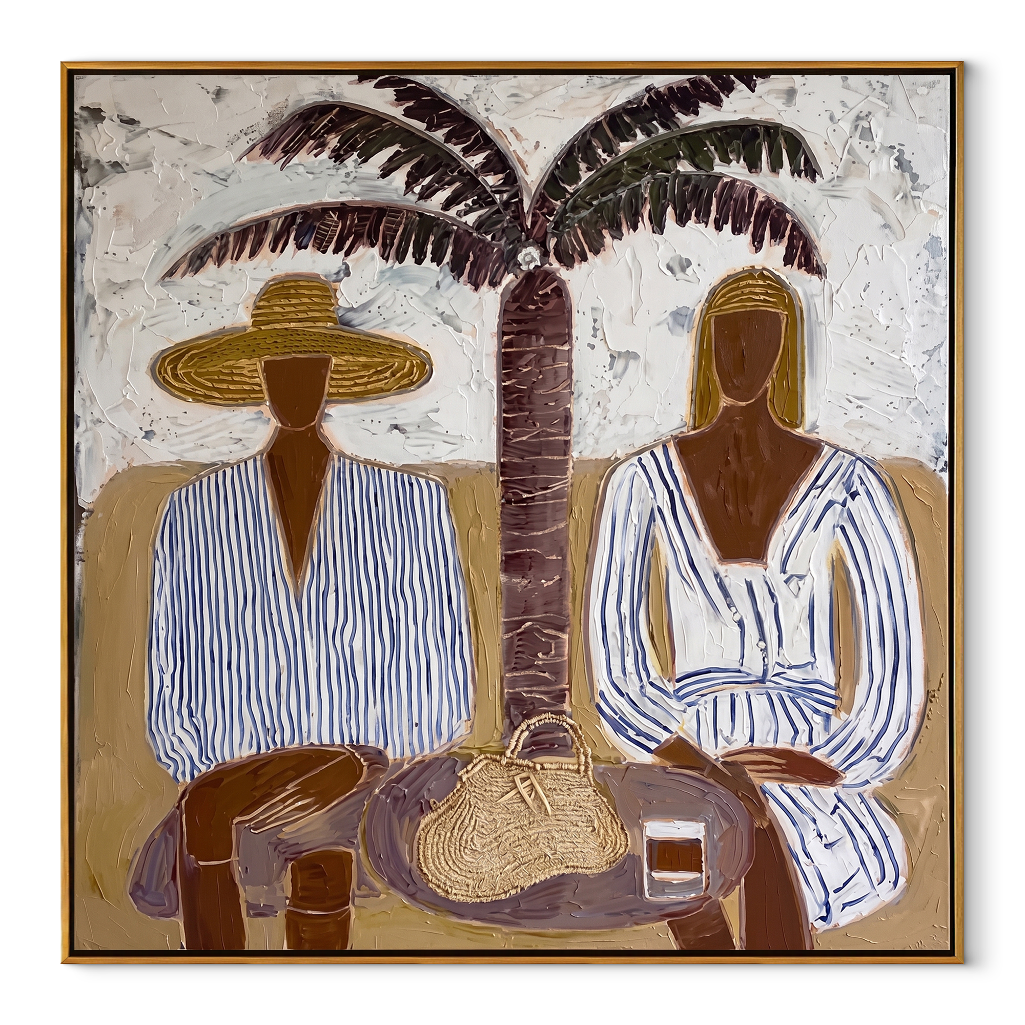 Twin Brims Gather beneath the Palm - Two Striped Resort Figures painting by Claire Whitmore, modern coastal square wall art – wood frame on white background