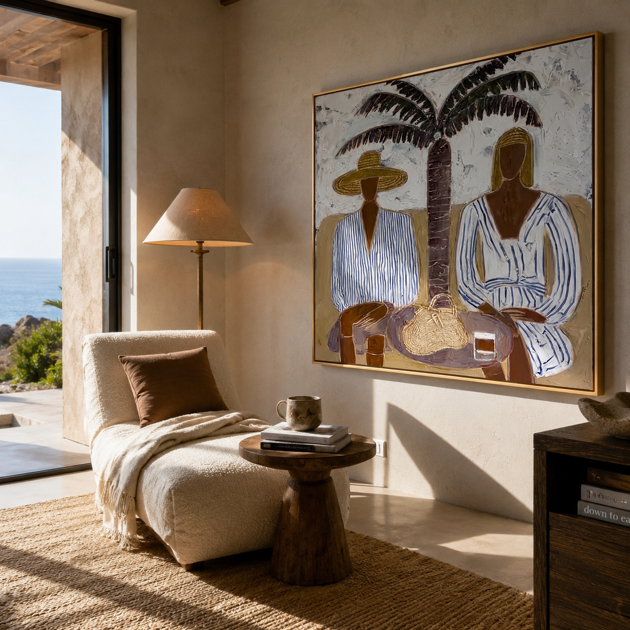 Twin Brims Gather beneath the Palm - Two Striped Resort Figures painting by Claire Whitmore, modern coastal square wall art – styled room scene view 2