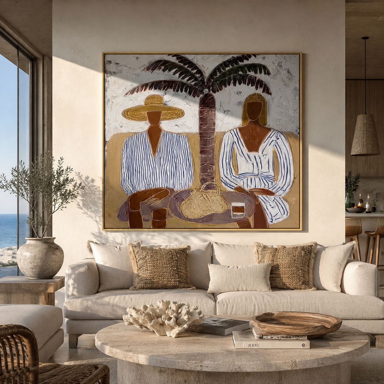 Twin Brims Gather beneath the Palm - Two Striped Resort Figures painting by Claire Whitmore, modern coastal square wall art – styled room scene view 3