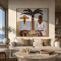 Twin Brims Gather beneath the Palm - Two Striped Resort Figures painting by Claire Whitmore, modern coastal square wall art – styled room scene view 3