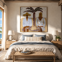 Twin Brims Gather beneath the Palm - Two Striped Resort Figures painting by Claire Whitmore, modern coastal square wall art – styled room scene view 4
