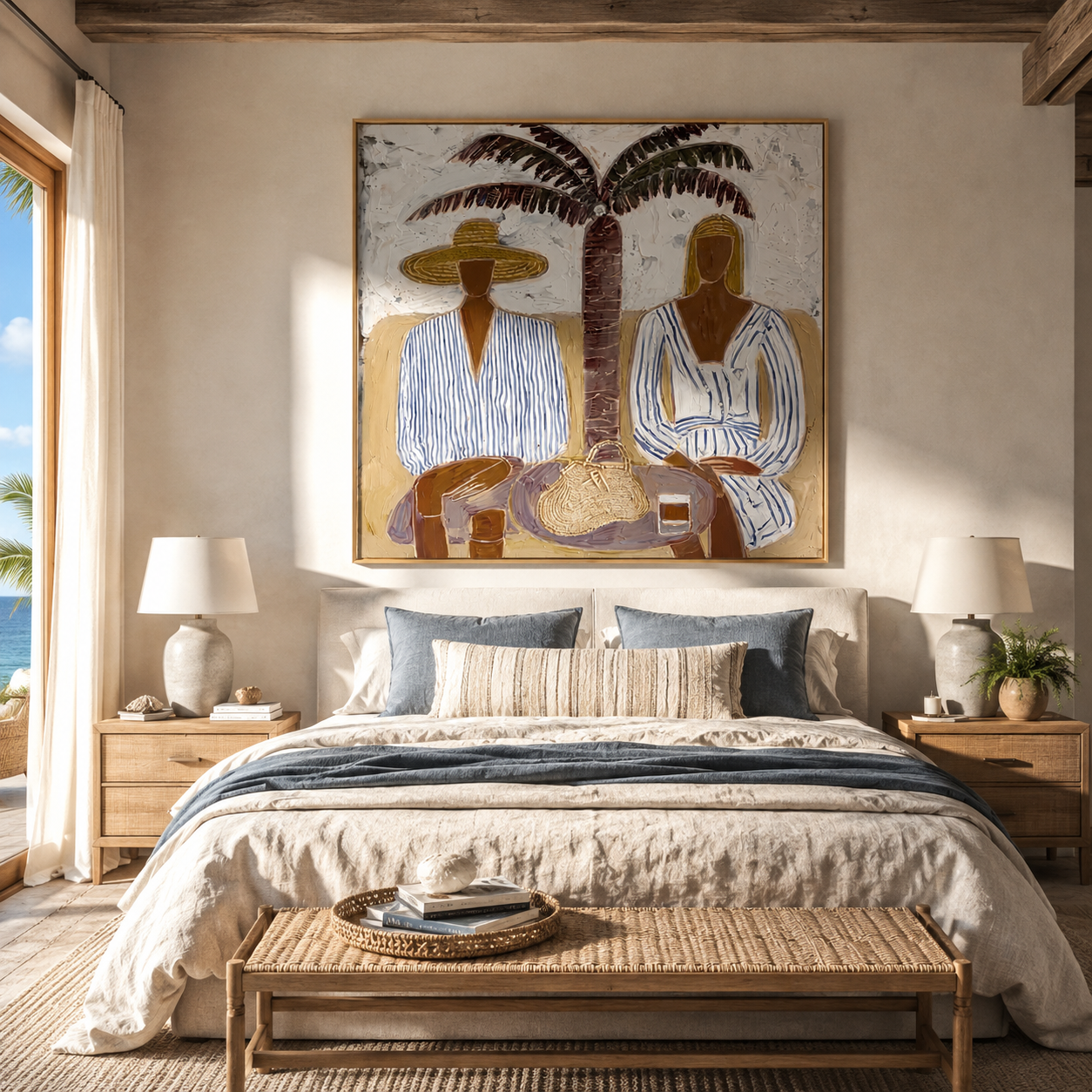 Twin Brims Gather beneath the Palm - Two Striped Resort Figures painting by Claire Whitmore, modern coastal square wall art – styled room scene view 4