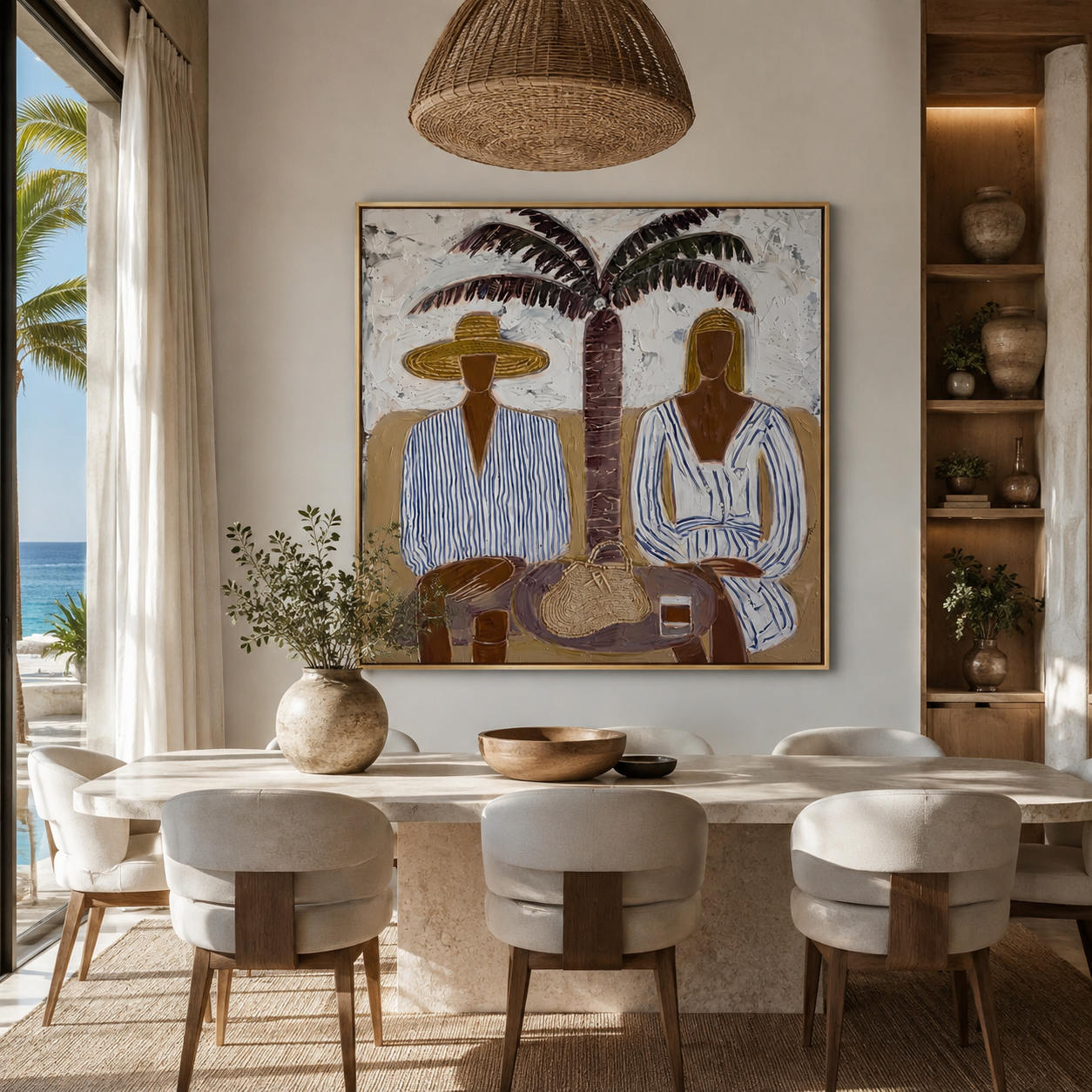 Twin Brims Gather beneath the Palm - Two Striped Resort Figures painting by Claire Whitmore, modern coastal square wall art – styled room scene view 5