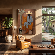 Striped Cowboy Keeps Watch - striped cowboy with dog painting by Claire Whitmore, modern coastal vertical wall art – styled room scene view 1