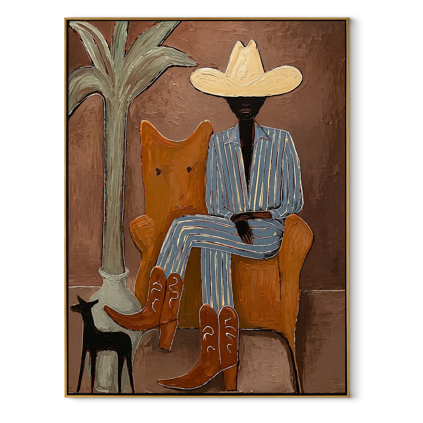 Striped Cowboy Keeps Watch - striped cowboy with dog painting by Claire Whitmore, modern coastal vertical wall art – wood frame on white background