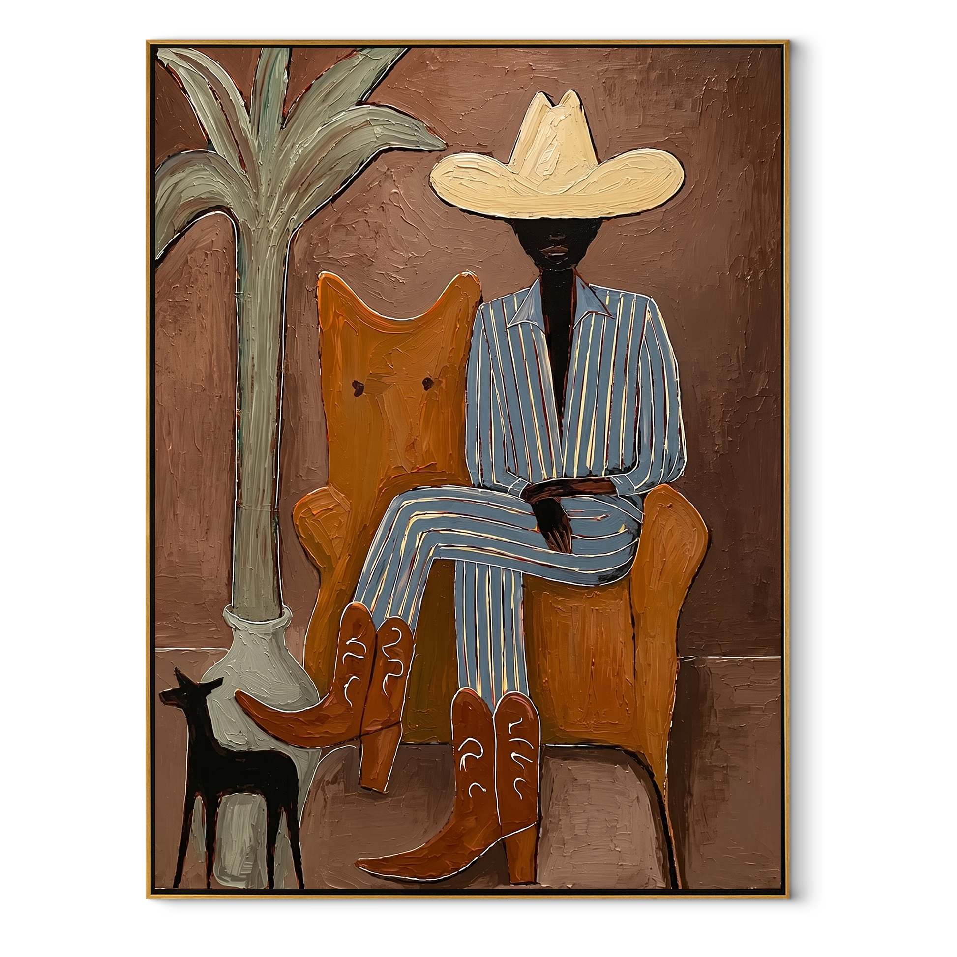 Striped Cowboy Keeps Watch - striped cowboy with dog painting by Claire Whitmore, modern coastal vertical wall art – wood frame on white background