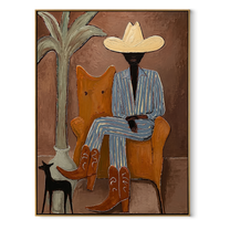Striped Cowboy Keeps Watch - striped cowboy with dog painting by Claire Whitmore, modern coastal vertical wall art – wood frame on white background