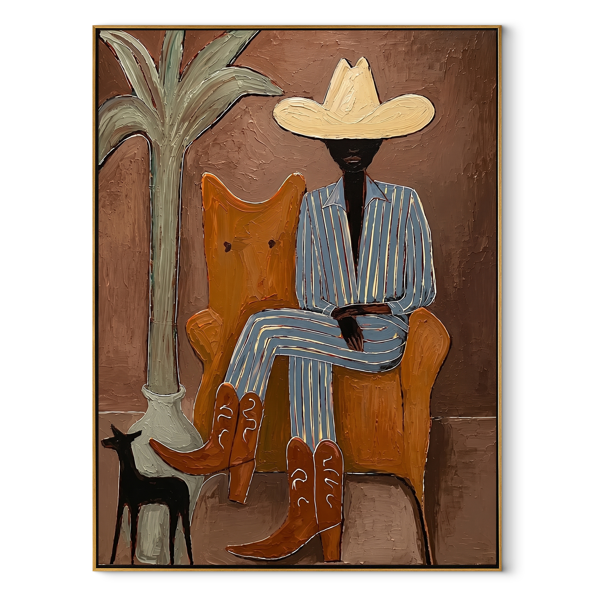 Striped Cowboy Keeps Watch - striped cowboy with dog painting by Claire Whitmore, modern coastal vertical wall art – wood frame on white background
