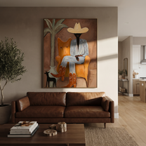 Striped Cowboy Keeps Watch - striped cowboy with dog painting by Claire Whitmore, modern coastal vertical wall art – styled room scene view 2