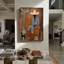 Striped Cowboy Keeps Watch - striped cowboy with dog painting by Claire Whitmore, modern coastal vertical wall art – styled room scene view 3