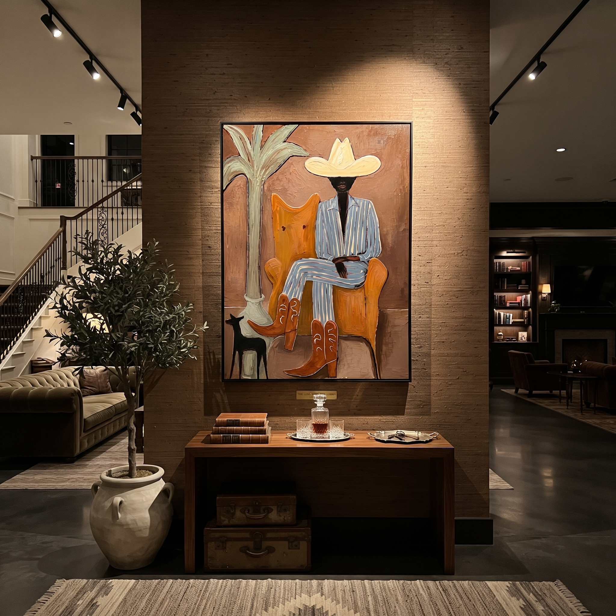Striped Cowboy Keeps Watch - striped cowboy with dog painting by Claire Whitmore, modern coastal vertical wall art – styled room scene view 4