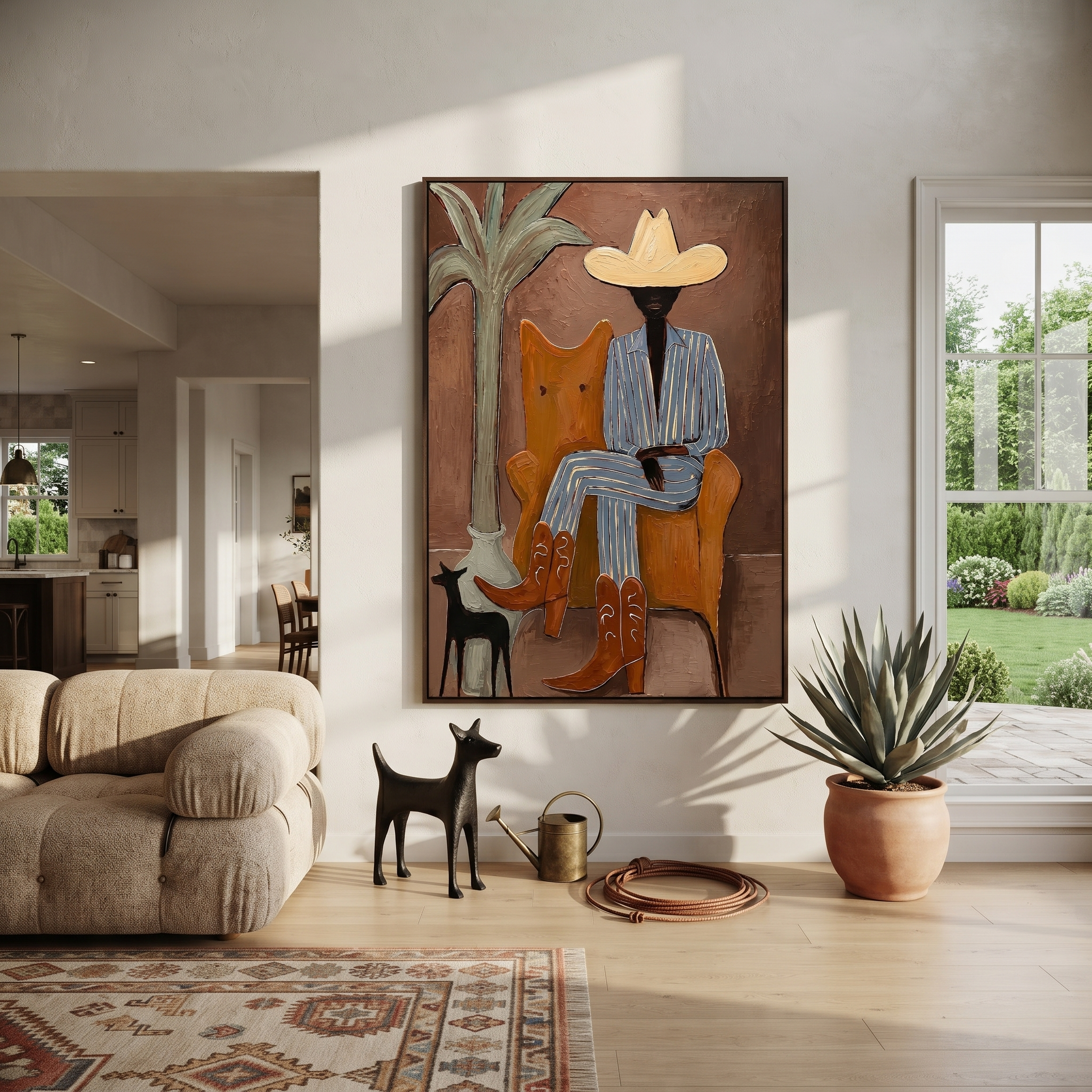 Striped Cowboy Keeps Watch - striped cowboy with dog painting by Claire Whitmore, modern coastal vertical wall art – styled room scene view 5