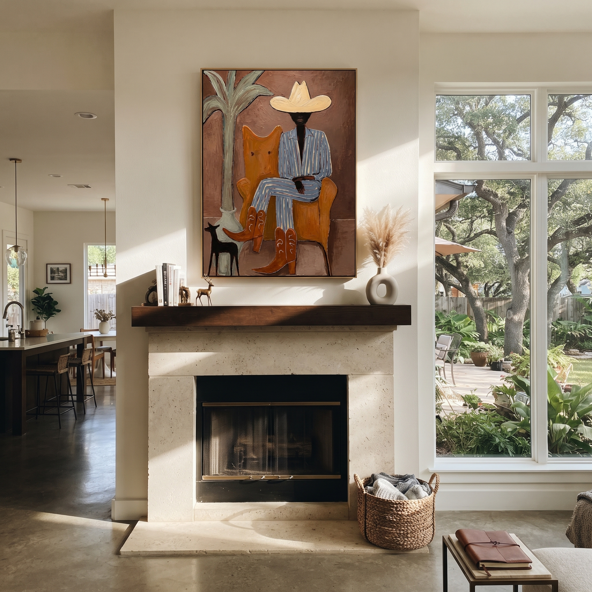 Striped Cowboy Keeps Watch - striped cowboy with dog painting by Claire Whitmore, modern coastal vertical wall art – styled room scene view 6