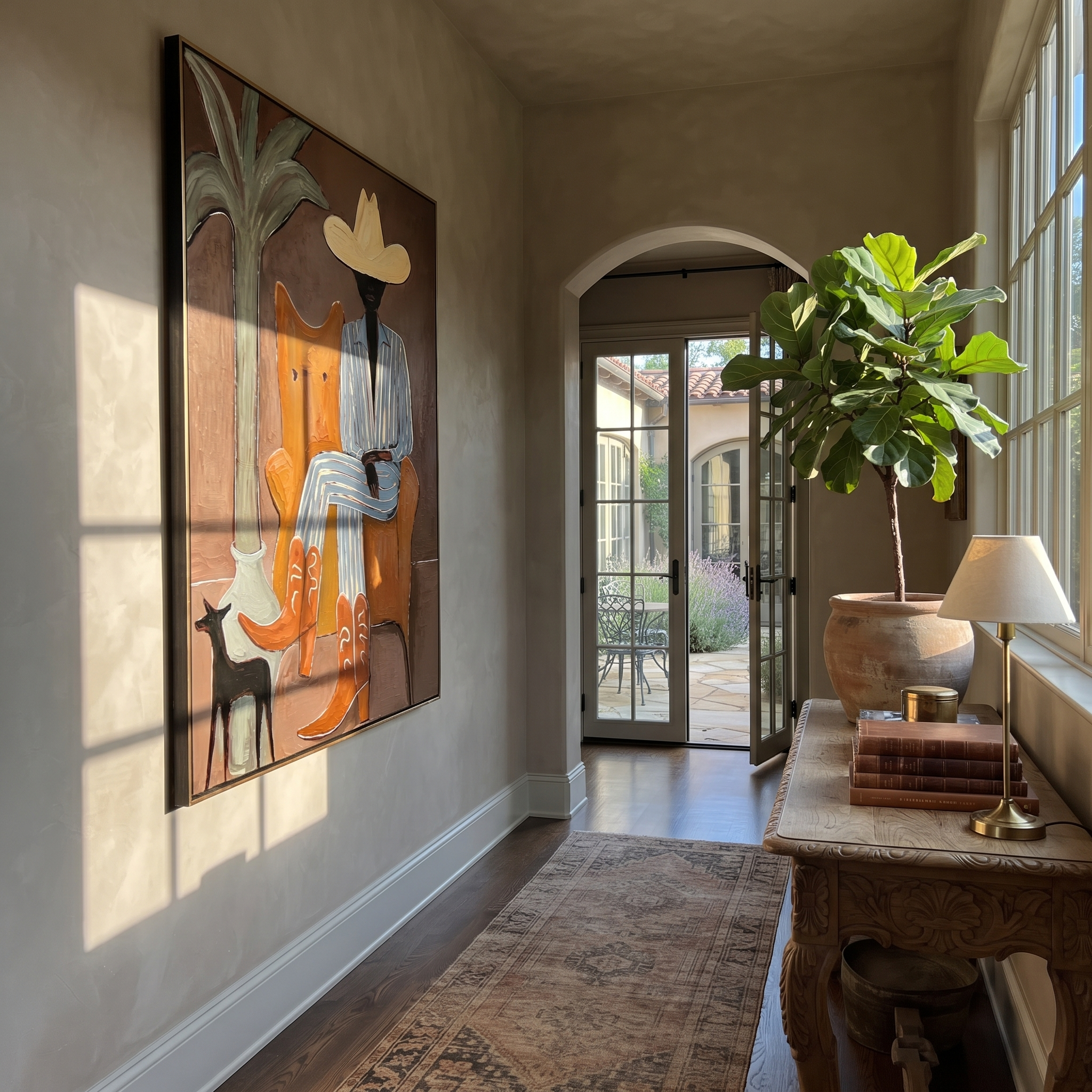 Striped Cowboy Keeps Watch - striped cowboy with dog painting by Claire Whitmore, modern coastal vertical wall art – styled room scene view 7