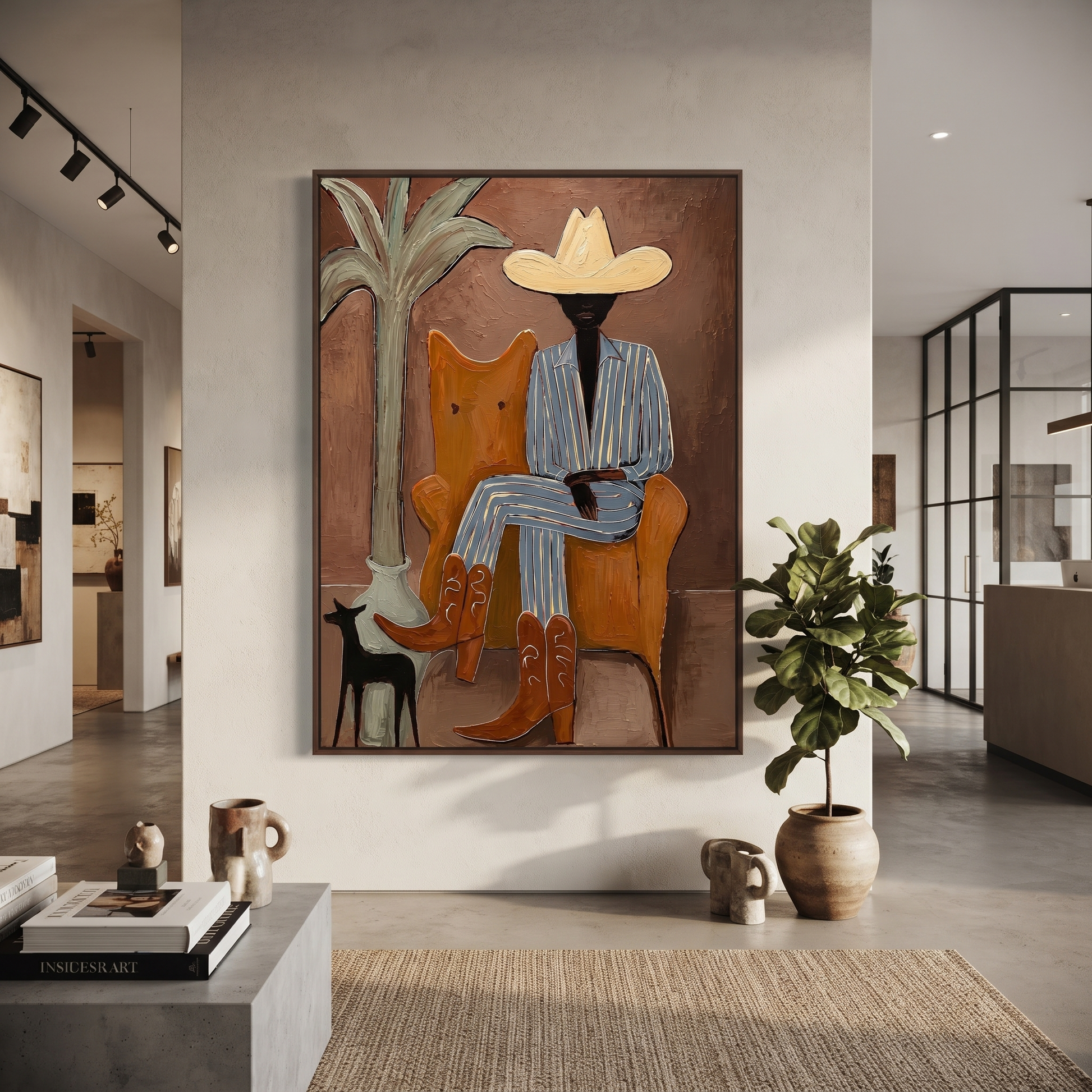 Striped Cowboy Keeps Watch - striped cowboy with dog painting by Claire Whitmore, modern coastal vertical wall art – styled room scene view 8