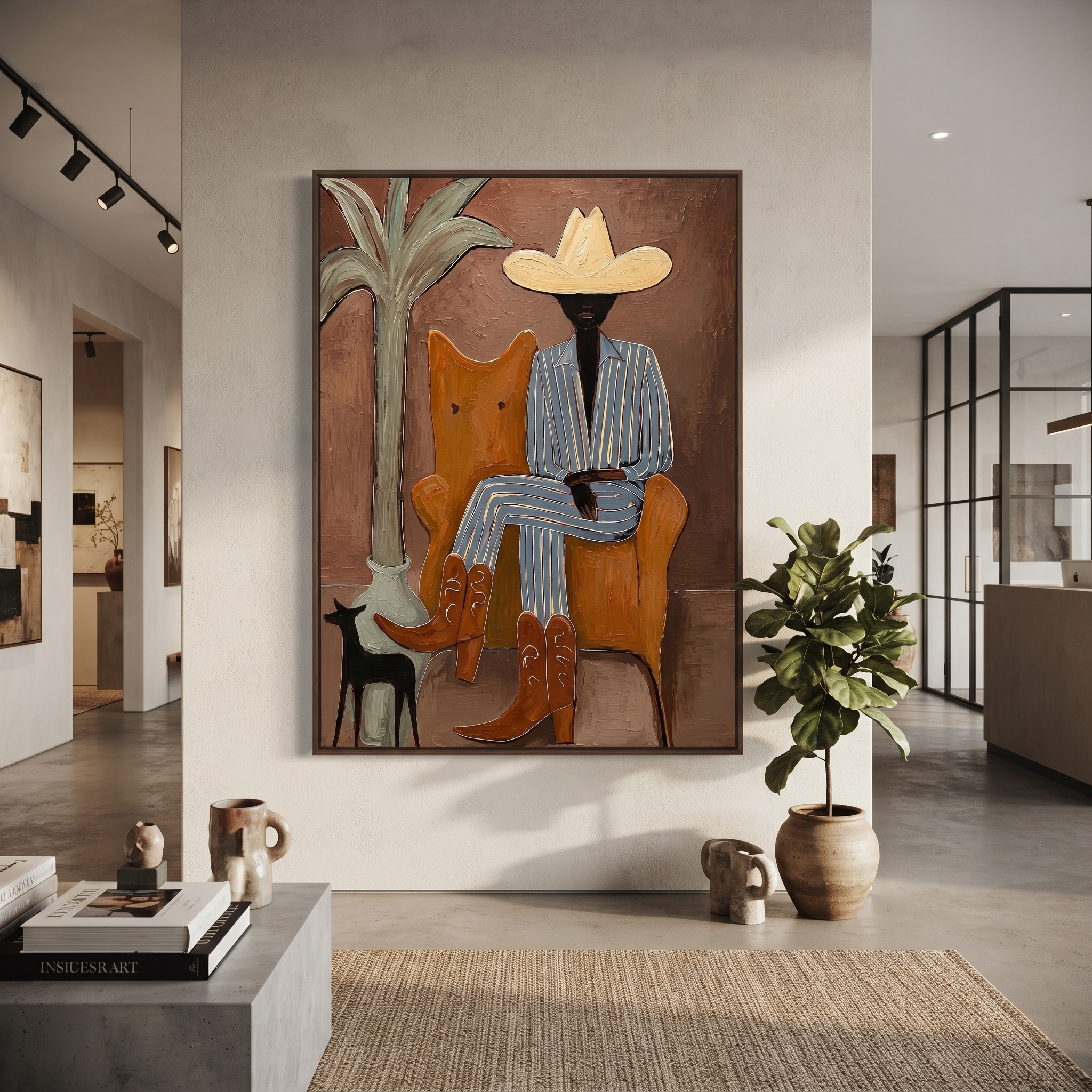 Striped Cowboy Keeps Watch - striped cowboy with dog painting by Claire Whitmore, modern coastal vertical wall art – styled room scene view 8
