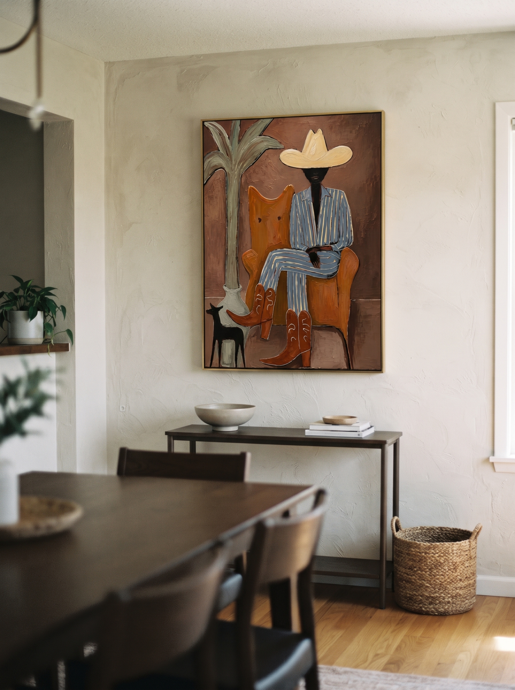 Striped Cowboy Keeps Watch - striped cowboy with dog painting by Claire Whitmore, modern coastal vertical wall art – styled room scene view 11