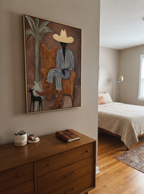 Striped Cowboy Keeps Watch - striped cowboy with dog painting by Claire Whitmore, modern coastal vertical wall art – styled room scene view 12