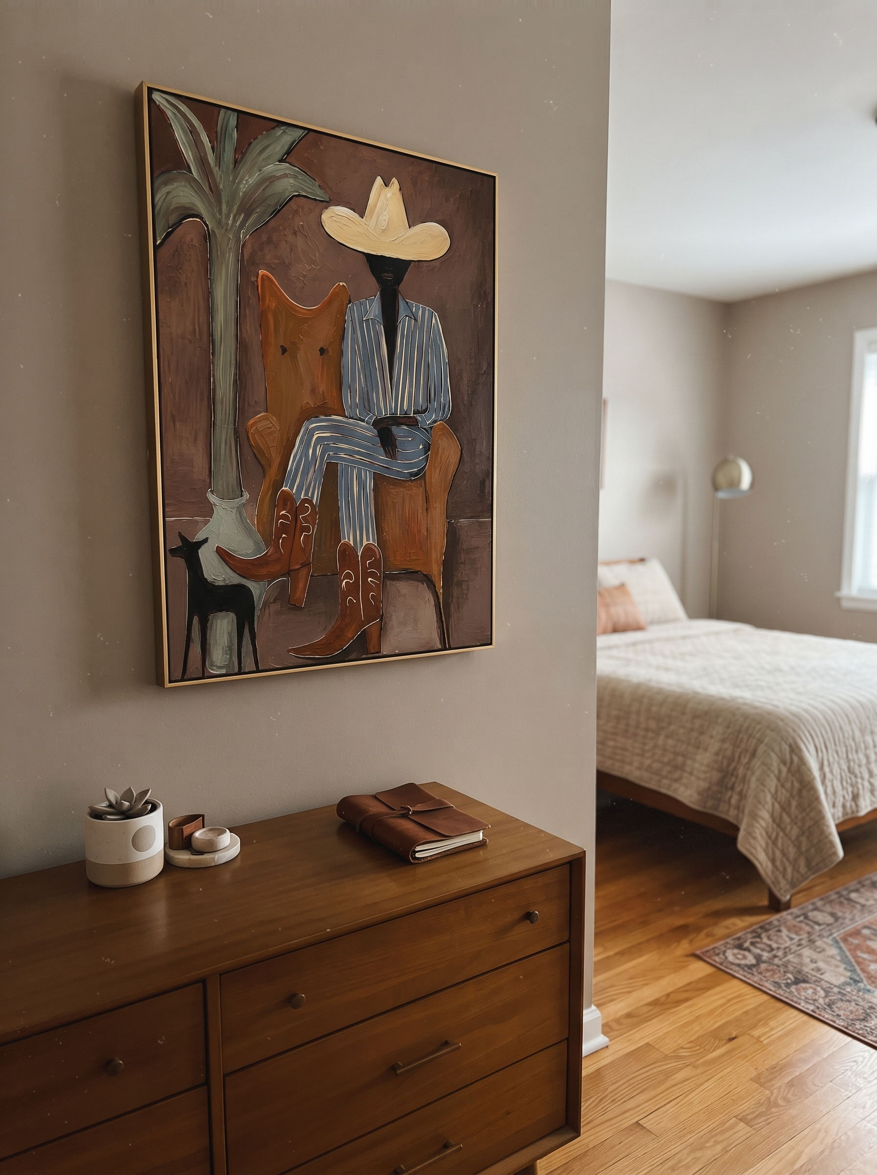 Striped Cowboy Keeps Watch - striped cowboy with dog painting by Claire Whitmore, modern coastal vertical wall art – styled room scene view 12