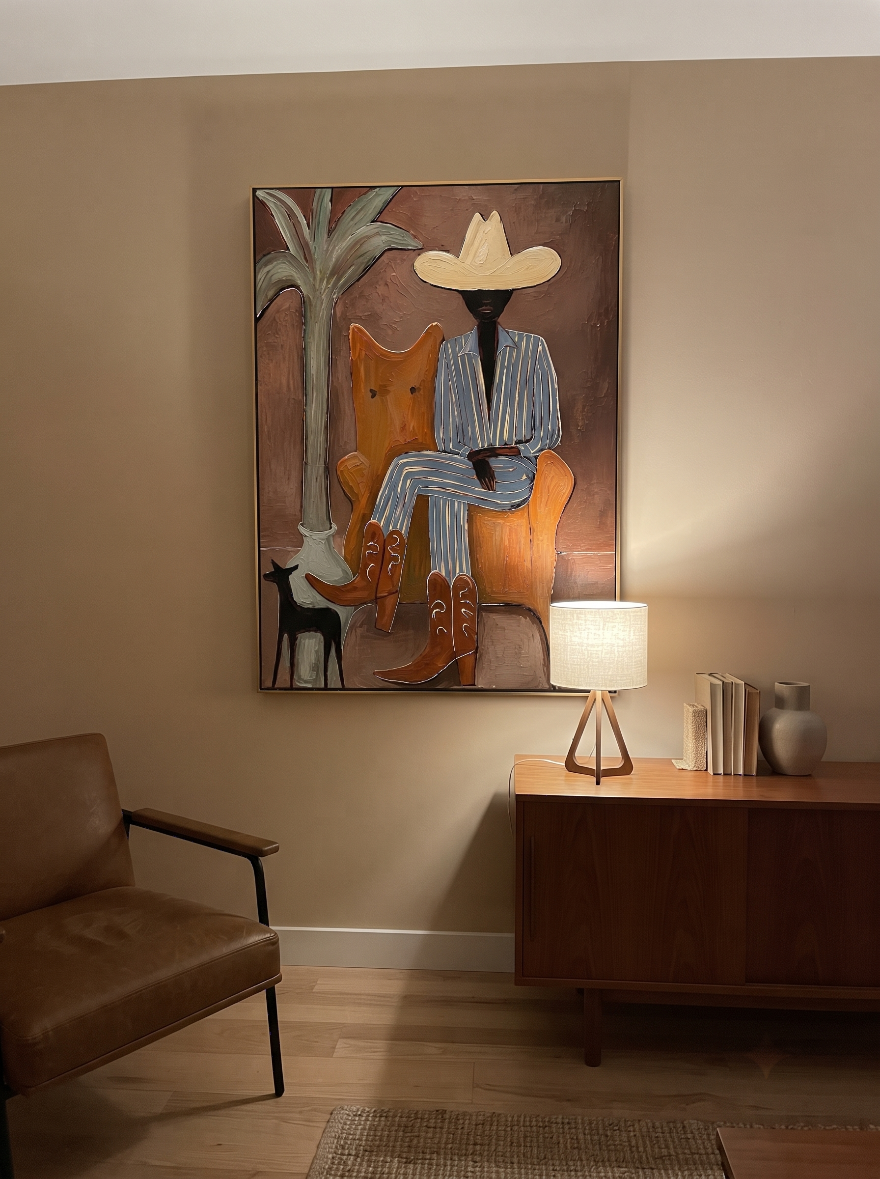 Striped Cowboy Keeps Watch - striped cowboy with dog painting by Claire Whitmore, modern coastal vertical wall art – styled room scene view 13