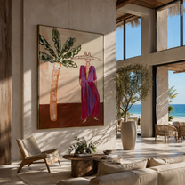 Magenta Brim Greets Palms - magenta resort woman painting by Claire Whitmore, modern coastal vertical wall art – styled room scene view 1