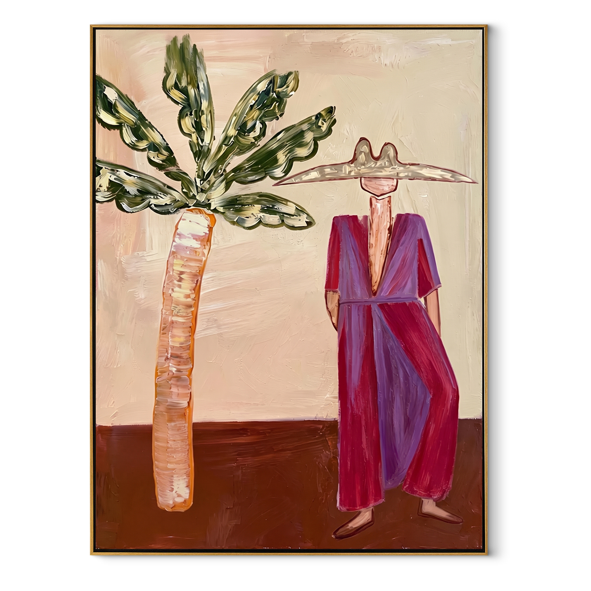 Magenta Brim Greets Palms - magenta resort woman painting by Claire Whitmore, modern coastal vertical wall art – wood frame on white background
