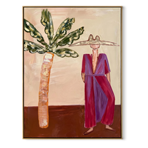 Magenta Brim Greets Palms - magenta resort woman painting by Claire Whitmore, modern coastal vertical wall art – wood frame on white background