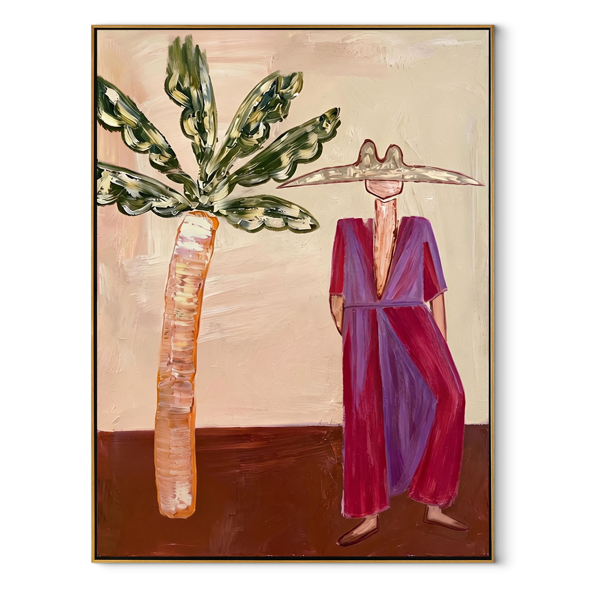 Magenta Brim Greets Palms - magenta resort woman painting by Claire Whitmore, modern coastal vertical wall art – wood frame on white background