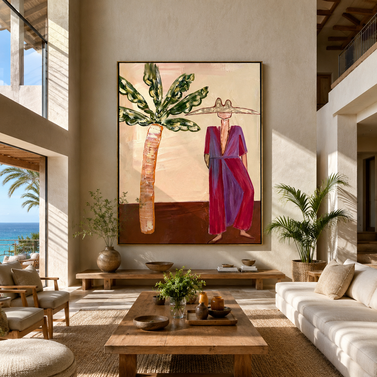 Magenta Brim Greets Palms - magenta resort woman painting by Claire Whitmore, modern coastal vertical wall art – styled room scene view 2