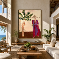 Magenta Brim Greets Palms - magenta resort woman painting by Claire Whitmore, modern coastal vertical wall art – styled room scene view 2