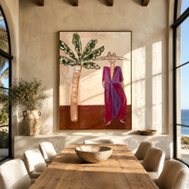 Magenta Brim Greets Palms - magenta resort woman painting by Claire Whitmore, modern coastal vertical wall art – styled room scene view 3